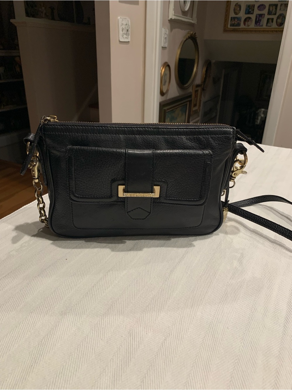 Brahmin Black Leather Crossbody with Gold Accents